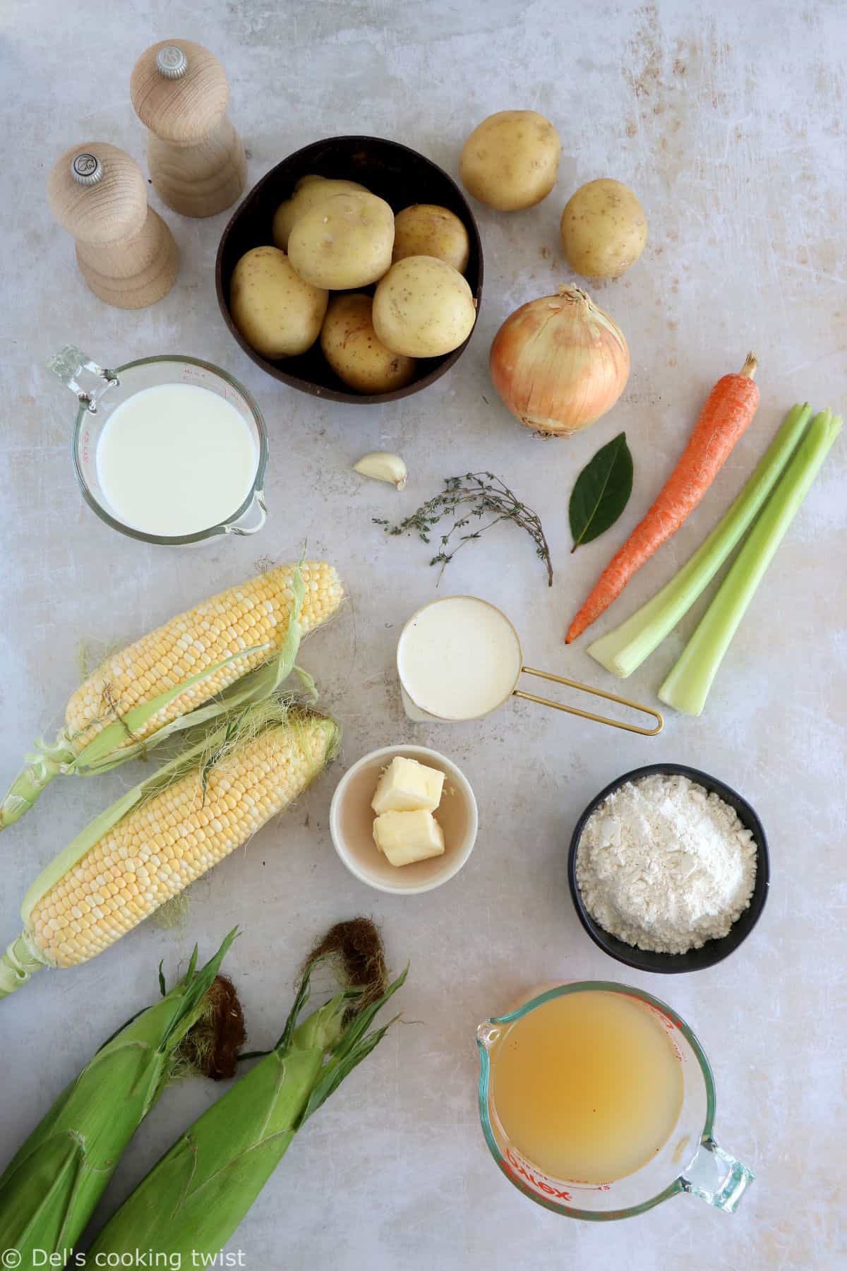 Vegetarian corn chowder is a rich, creamy, and hearty soup, prepared with fresh sweet corn and potatoes.