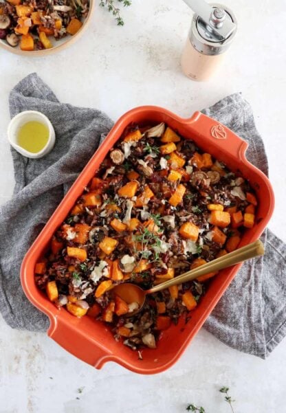 This butternut squash and wild rice casserole with mushrooms is loaded with seasonal veggies and hearty rice.