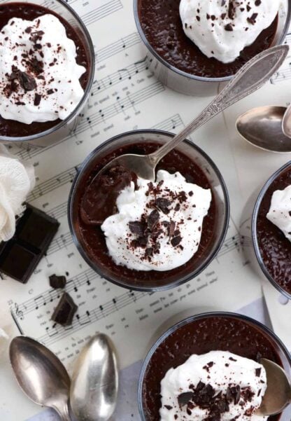 Chocolate pots de crème are rich and creamy French chocolate custards with intense chocolate flavors.