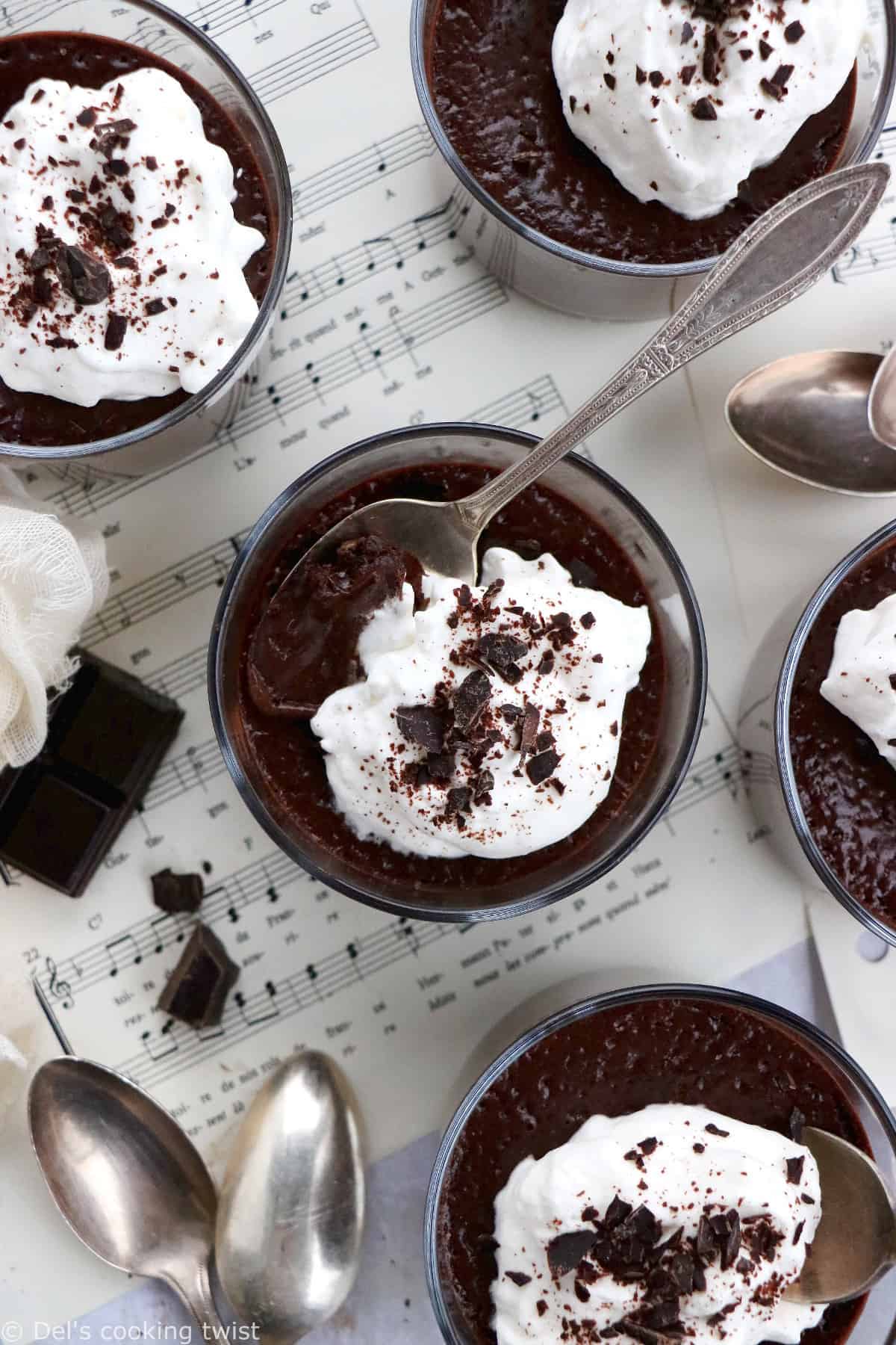 Chocolate pots de crème are rich and creamy French chocolate custards with intense chocolate flavors.