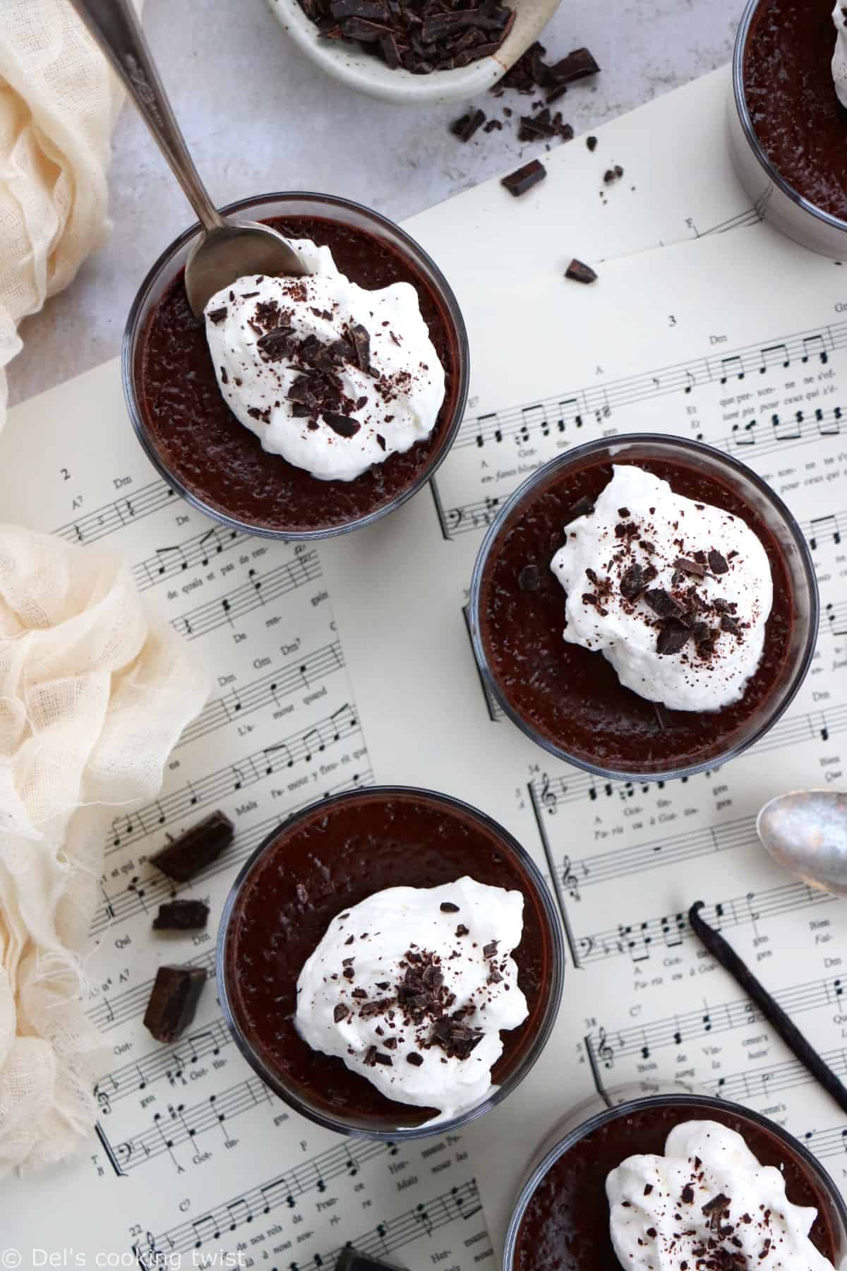 Chocolate pots de crème are rich and creamy French chocolate custards with intense chocolate flavors.