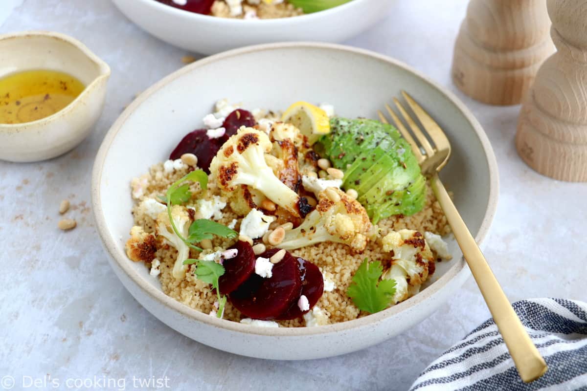 Avocado, beet and roasted cauliflower bowl with goat cheese is a simple healthy and nourishing meal, halfway between a salad and a warm bowl.