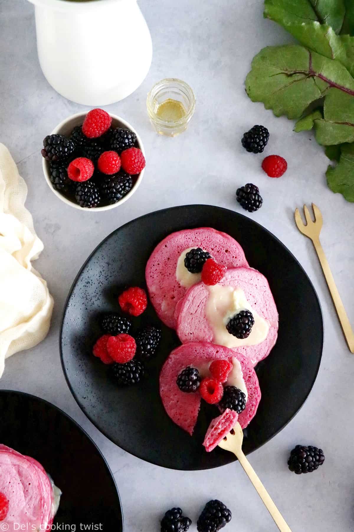 Pink beet pancakes are fluffy, vibrant in color, and make a delicious and super fun breakfast for kids or for Valentine's Day!