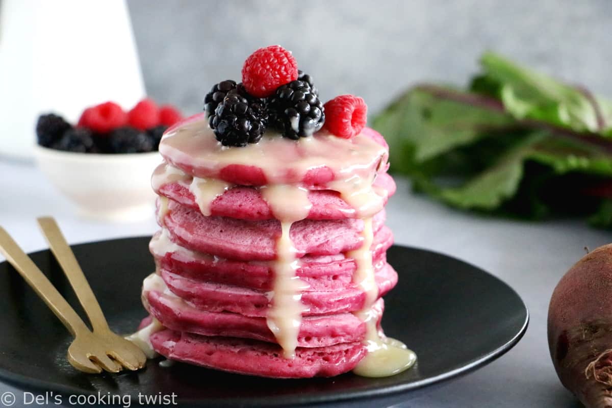 Pink beet pancakes are fluffy, vibrant in color, and make a delicious and super fun breakfast for kids or for Valentine's Day!