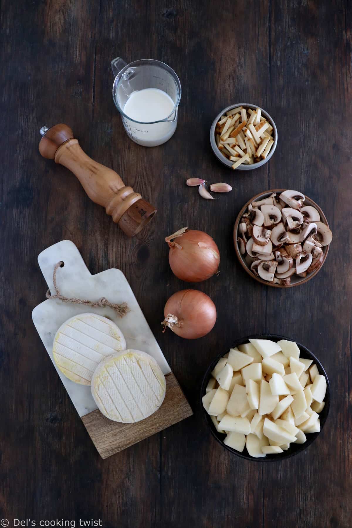 Vegetarian tartiflette is inspired from the traditional French recipe made of potatoes, reblochon cheese and onions. In this vegetarian version, the lardons are replaced with smoked tofu and mushrooms.