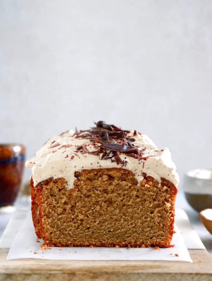 Rich in coffee flavors, this rich and moist coffee loaf cake with espresso frosting will be perfect for an afternoon tea or to serve as a dessert with a cup of coffee. 