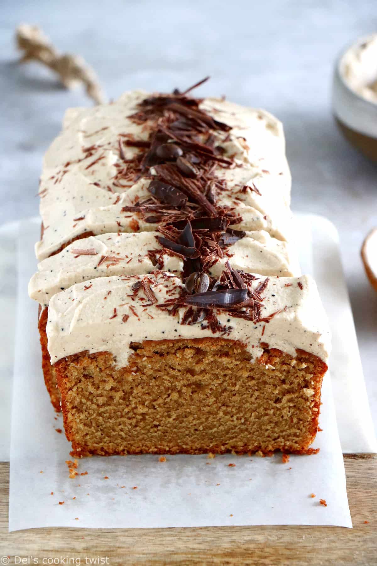 Rich in coffee flavors, this rich and moist coffee loaf cake with espresso frosting will be perfect for an afternoon tea or to serve as a dessert with a cup of coffee. 