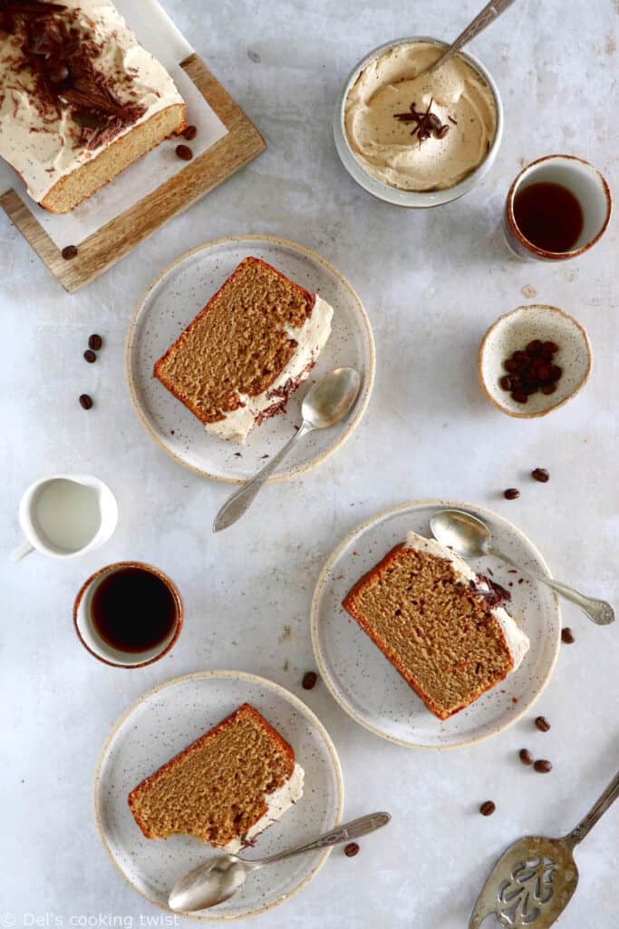 Rich in coffee flavors, this rich and moist coffee loaf cake with espresso frosting will be perfect for an afternoon tea or to serve as a dessert with a cup of coffee.