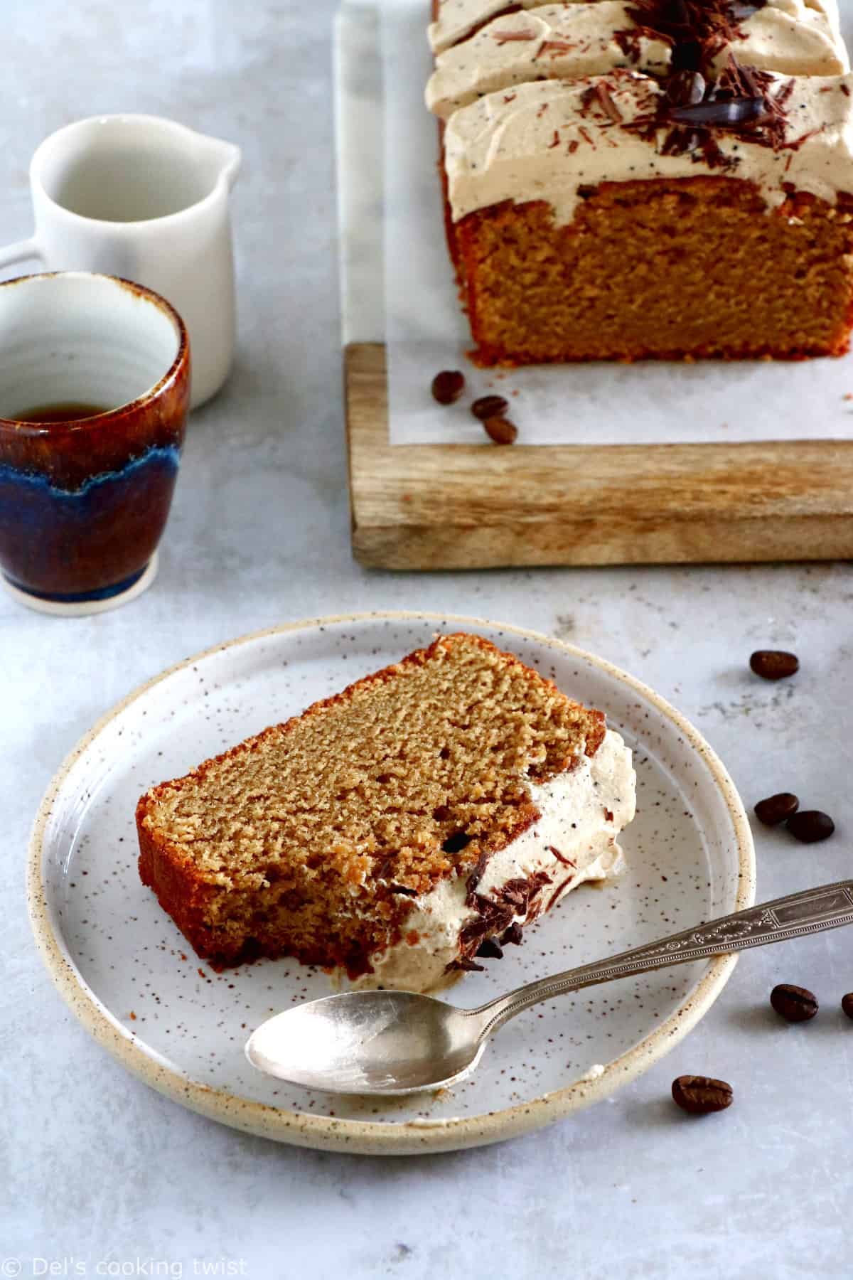 Rich in coffee flavors, this rich and moist coffee loaf cake with espresso frosting will be perfect for an afternoon tea or to serve as a dessert with a cup of coffee. 