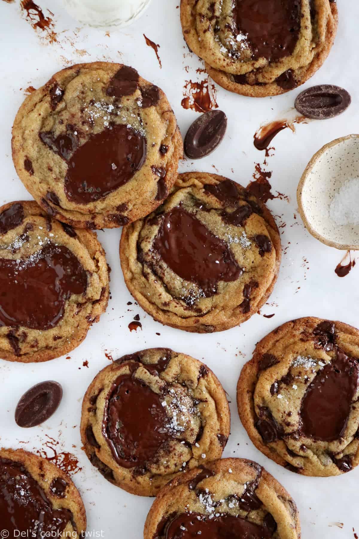 The BEST chocolate chip cookies are soft, buttery, with a slightly puffy, inflated texture, and oozing with melted chocolate puddles.