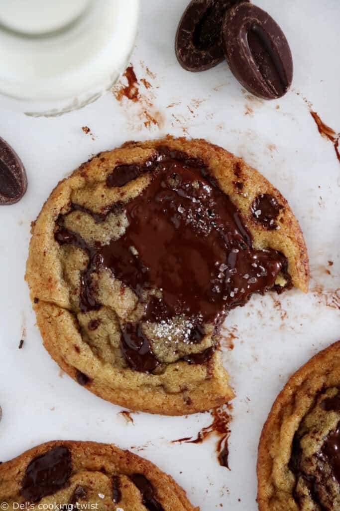 The BEST chocolate chip cookies are soft, buttery, with a slightly puffy, inflated texture, and oozing with melted chocolate puddles.