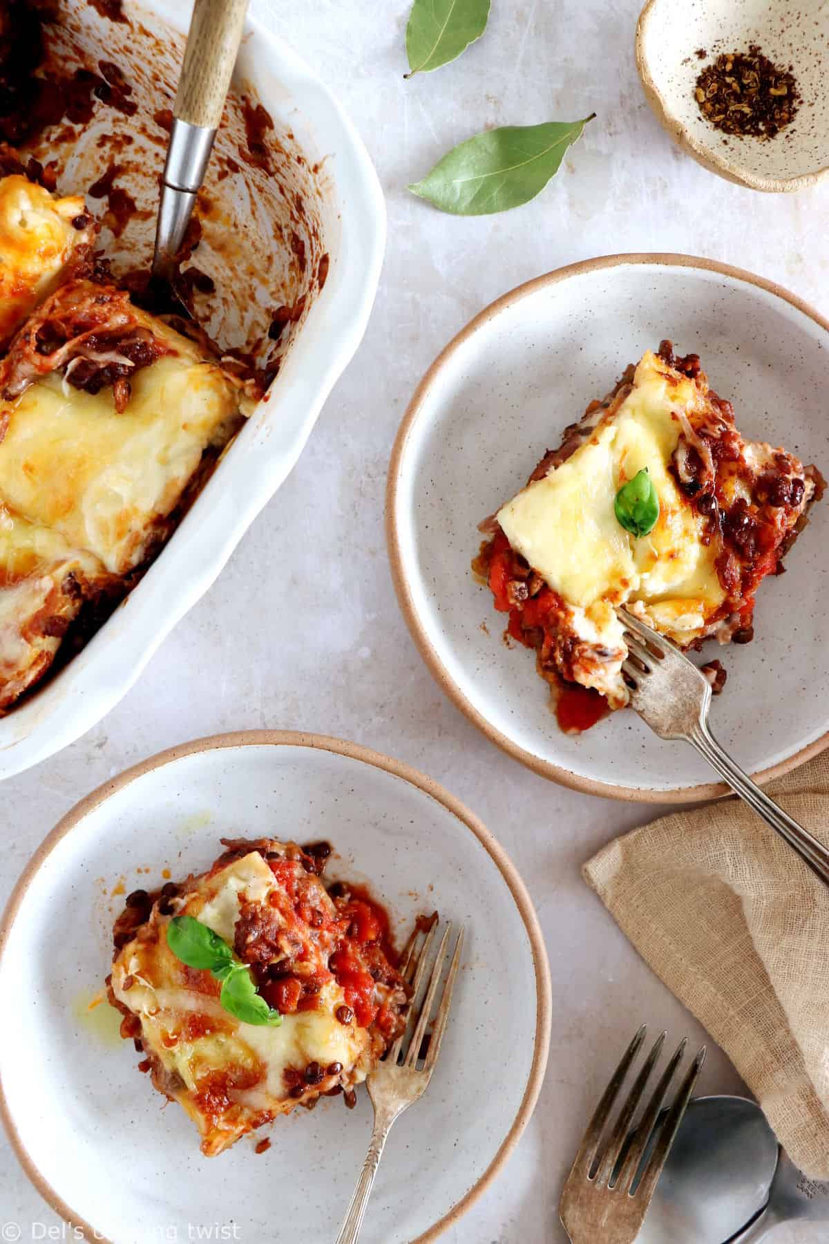 Vegetarian bolognese lasagna feature layers of slow-cooked lentil ragù, pasta sheets and creamy bechamel sauce, all baked to a golden-brown perfection.