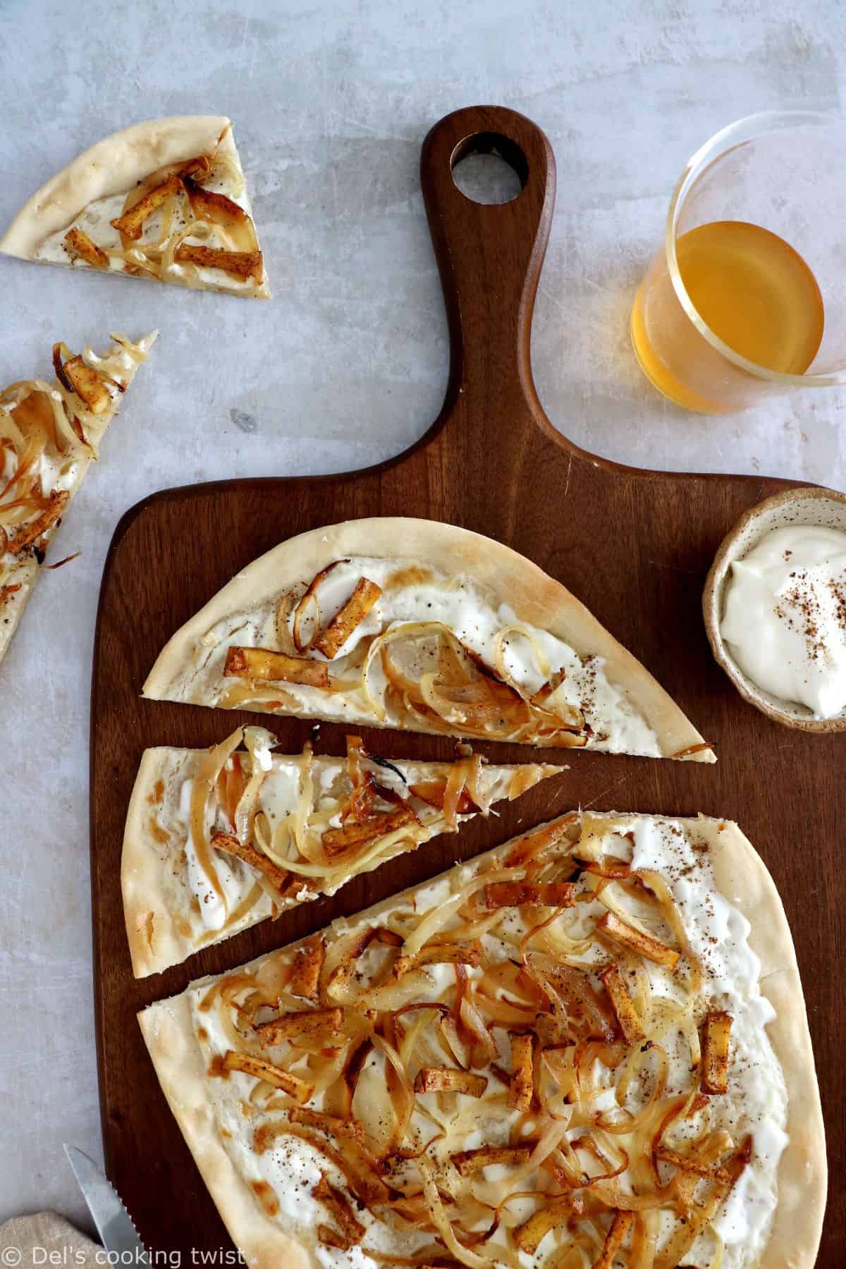 Vegetarian flammekueche is a spin on the traditional dish originated from Alsace, here prepared with smoked tofu.