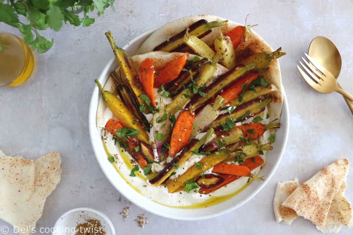 Za'atar roasted carrots with whipped feta is a ridiculously simple recipe combining roasted veggies and a creamy cheese dip.