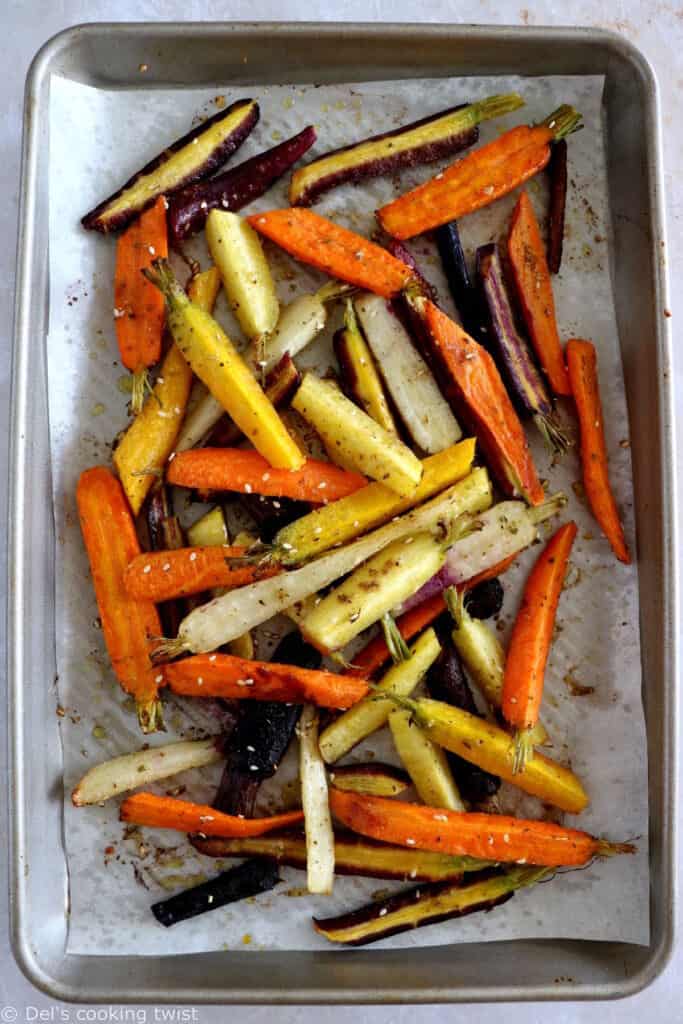 Za'atar roasted carrots with whipped feta is a ridiculously simple recipe combining roasted veggies and a creamy cheese dip.