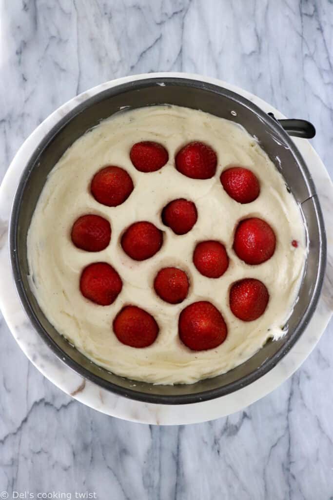 Fraisier cake is a traditional French strawberry cake, consisting of two layers of genoise sponge, filled with a silky delicious vanilla mousseline cream and fresh strawberries.