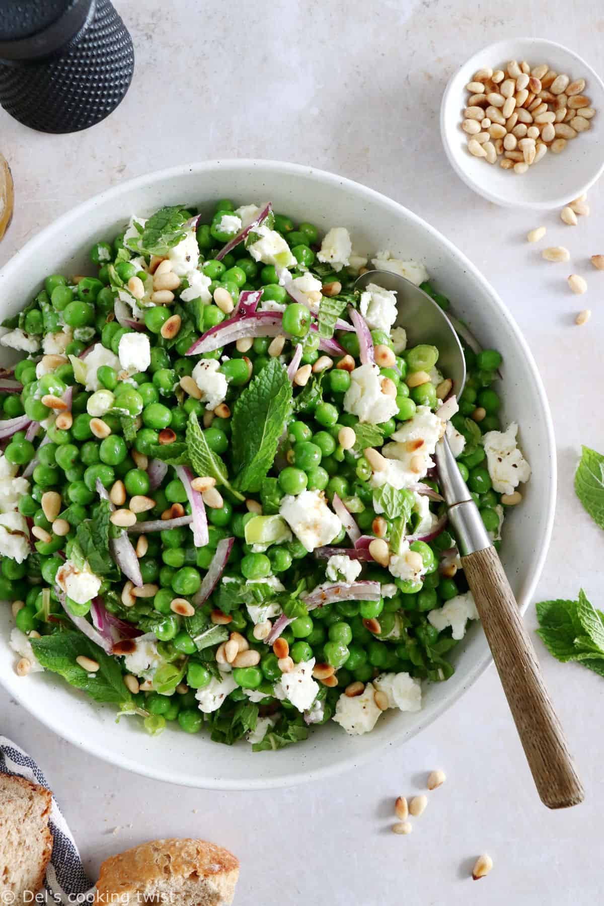 This spring pea salad with goat cheese salad is a vibrant salad recipe, healthy, nutritious, and loaded with farmers market produce.