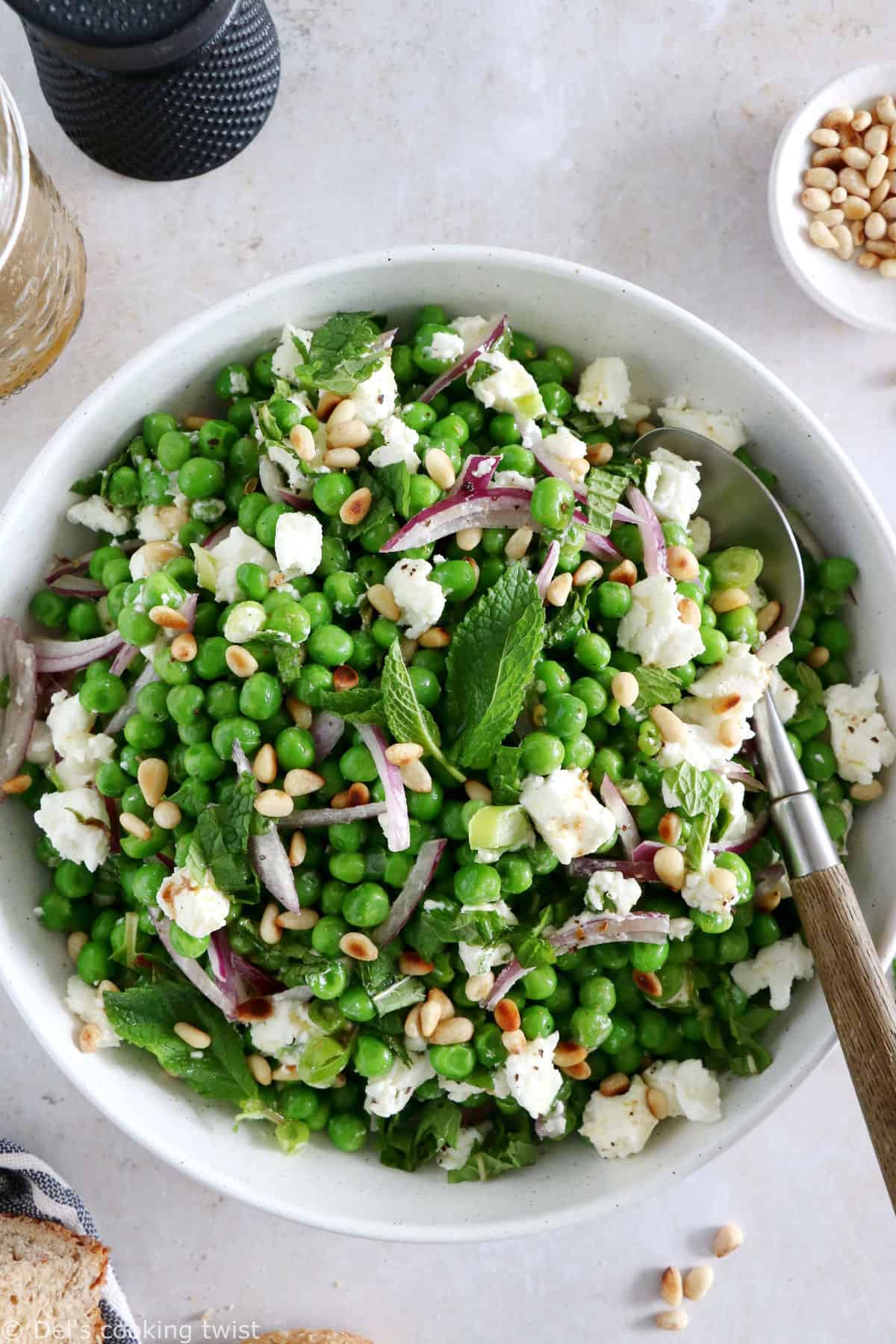 This spring pea salad with goat cheese salad is a vibrant salad recipe, healthy, nutritious, and loaded with farmers market produce.