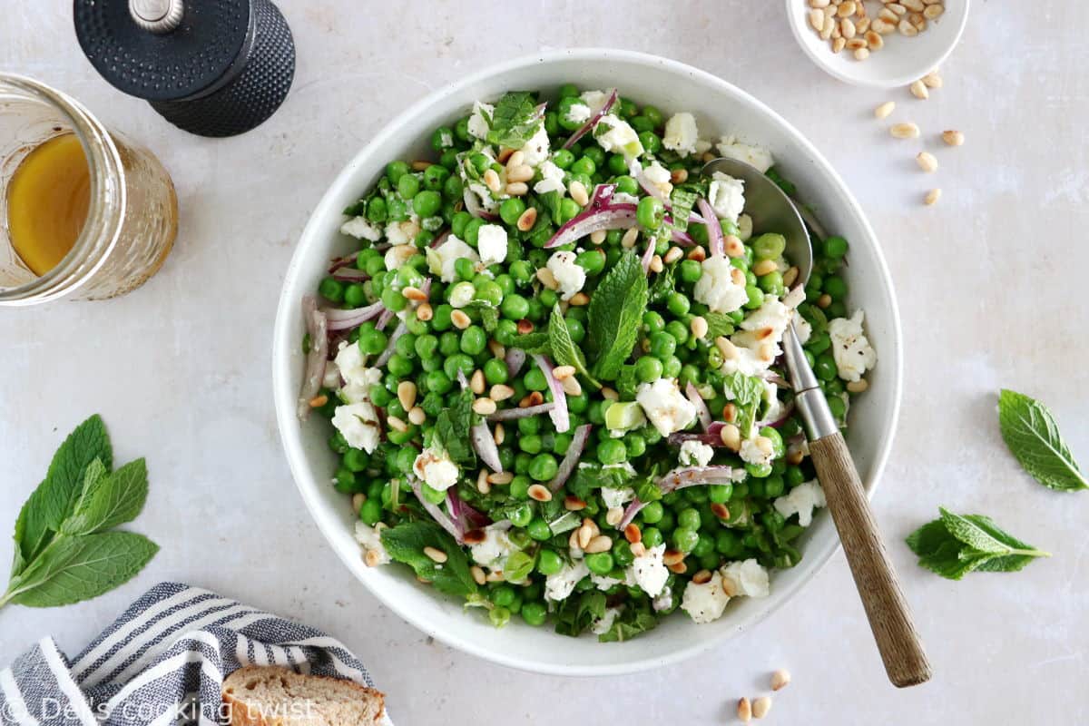 This spring pea salad with goat cheese salad is a vibrant salad recipe, healthy, nutritious, and loaded with farmers market produce.