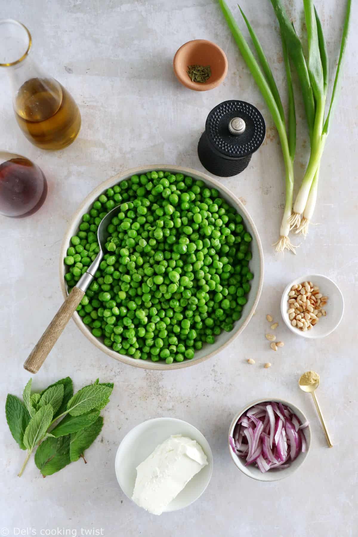 This spring pea salad with goat cheese salad is a vibrant salad recipe, healthy, nutritious, and loaded with farmers market produce.