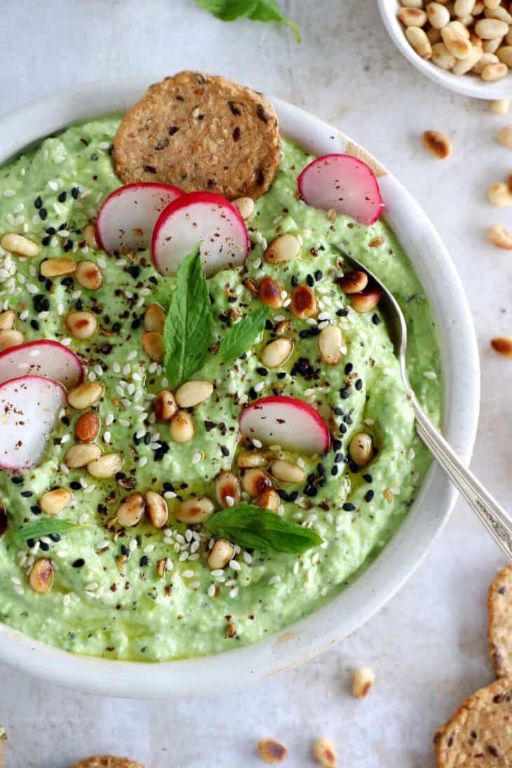 Green pea ricotta dip with mint is a simple and healthy dip, packed with refreshing flavors. Ready within minutes, it's the perfect appetizer for summer parties!