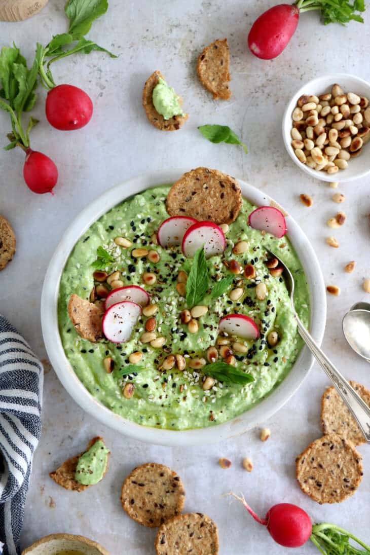 Green pea ricotta dip with mint is a simple and healthy dip, packed with refreshing flavors. Ready within minutes, it's the perfect appetizer for summer parties!