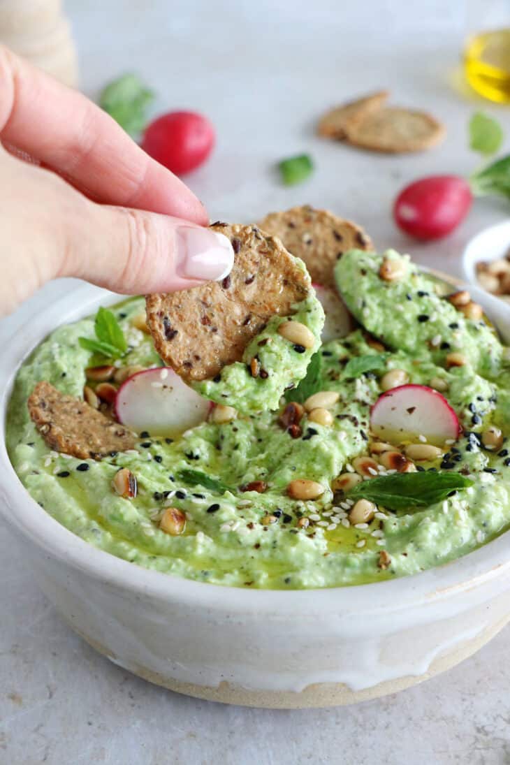 Green pea ricotta dip with mint is a simple and healthy dip, packed with refreshing flavors. Ready within minutes, it's the perfect appetizer for summer parties!