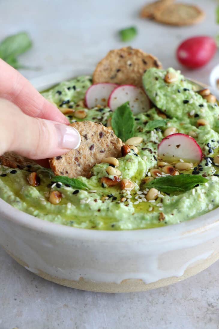 Green pea ricotta dip with mint is a simple and healthy dip, packed with refreshing flavors. Ready within minutes, it's the perfect appetizer for summer parties!