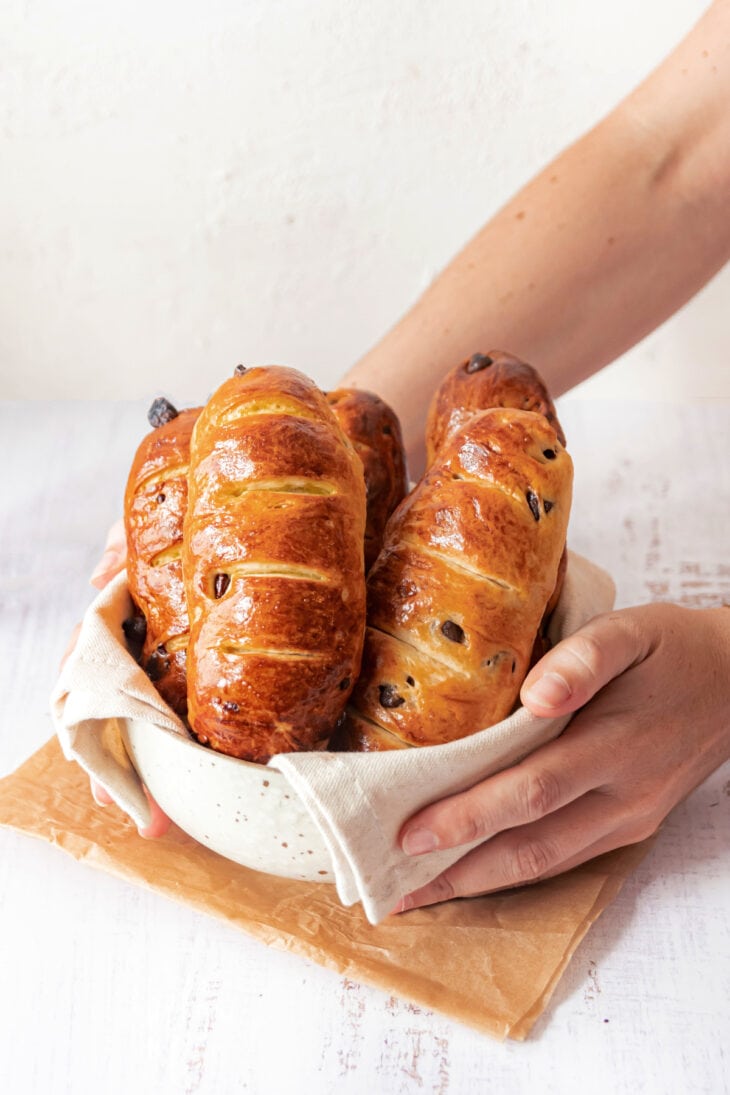 Chocolate chip vienna baguettes (also called "pains viennois", or "viennoises aux pépites de chocolat") are an easy French breakfast treat.