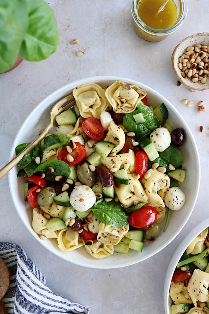 Cette salade de tortellini, tomates cerises et bocconcini est une recette simplissime, idéale pour un pique-nique ou un déjeuner léger et rapide.