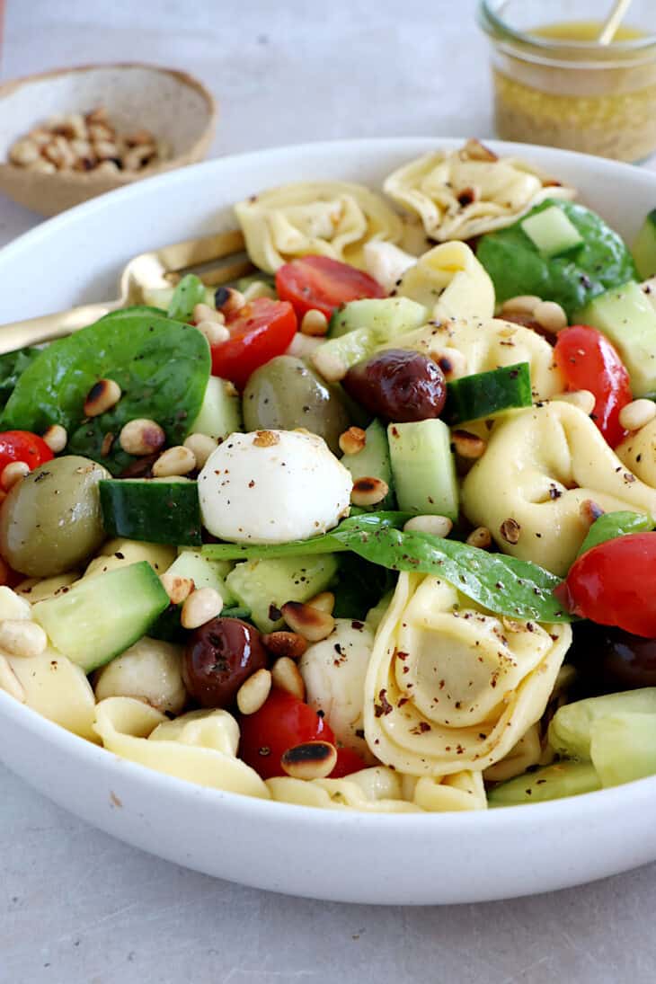 Cette salade de tortellini, tomates cerises et bocconcini est une recette simplissime, idéale pour un pique-nique ou un déjeuner léger et rapide.