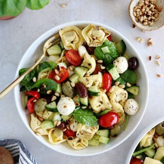 This 10-minute Italian tortellini pasta salad is loaded with fresh veggies, mozzarella pearls and pillowy tortellini pasta.