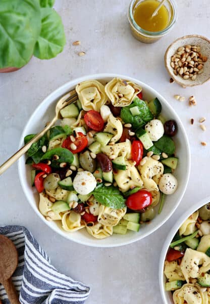 This 10-minute Italian tortellini pasta salad is loaded with fresh veggies, mozzarella pearls and pillowy tortellini pasta.