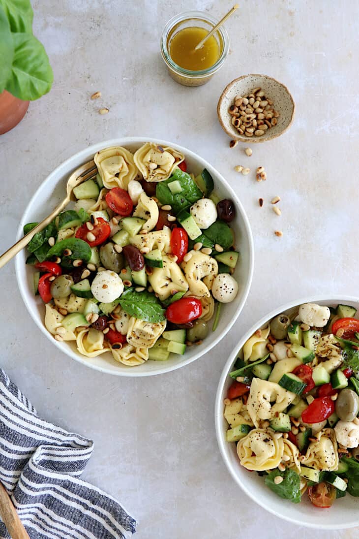 This 10-minute Italian tortellini pasta salad is loaded with fresh veggies, mozzarella pearls and pillowy tortellini pasta.