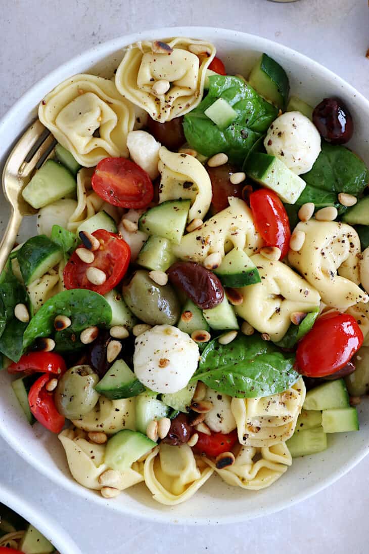 This 10-minute Italian tortellini pasta salad is loaded with fresh veggies, mozzarella pearls and pillowy tortellini pasta.