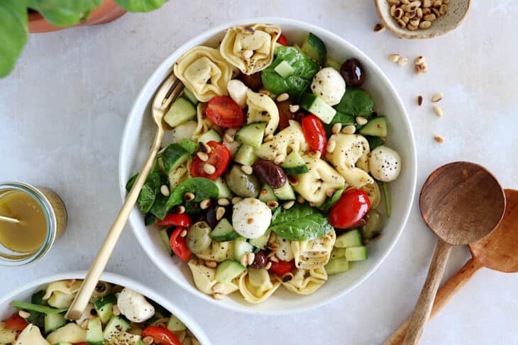 This 10-minute Italian tortellini pasta salad is loaded with fresh veggies, mozzarella pearls and pillowy tortellini pasta.