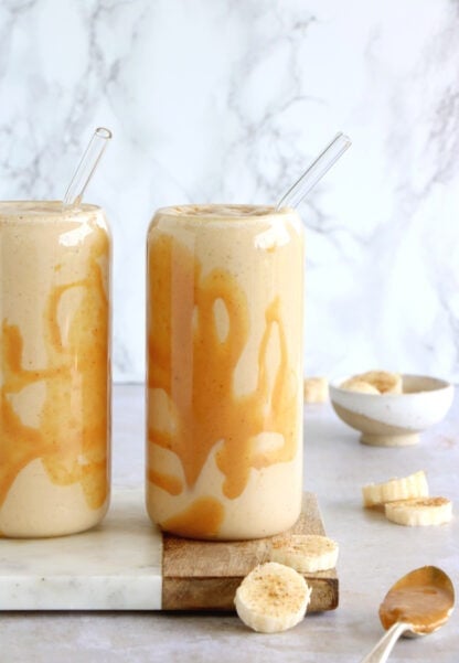 This extra delicious peanut butter banana smoothie is rich, creamy, and tastes like dessert. Filling and nutrient-rich, it makes a great healthy breakfast or snack for busy days.