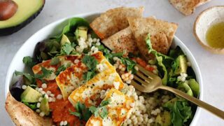 Romesco Pearl Couscous Bowl with Halloumi - Del's cooking twist