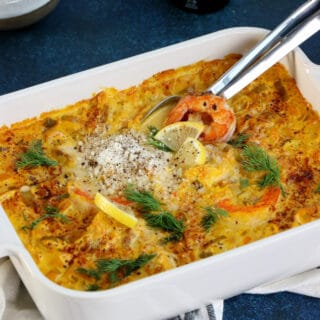 Swedish seafood casserole with saffron (Fiskgryta) is a fish stew consisting of a creamy saffron sauce with various pieces of seafood.