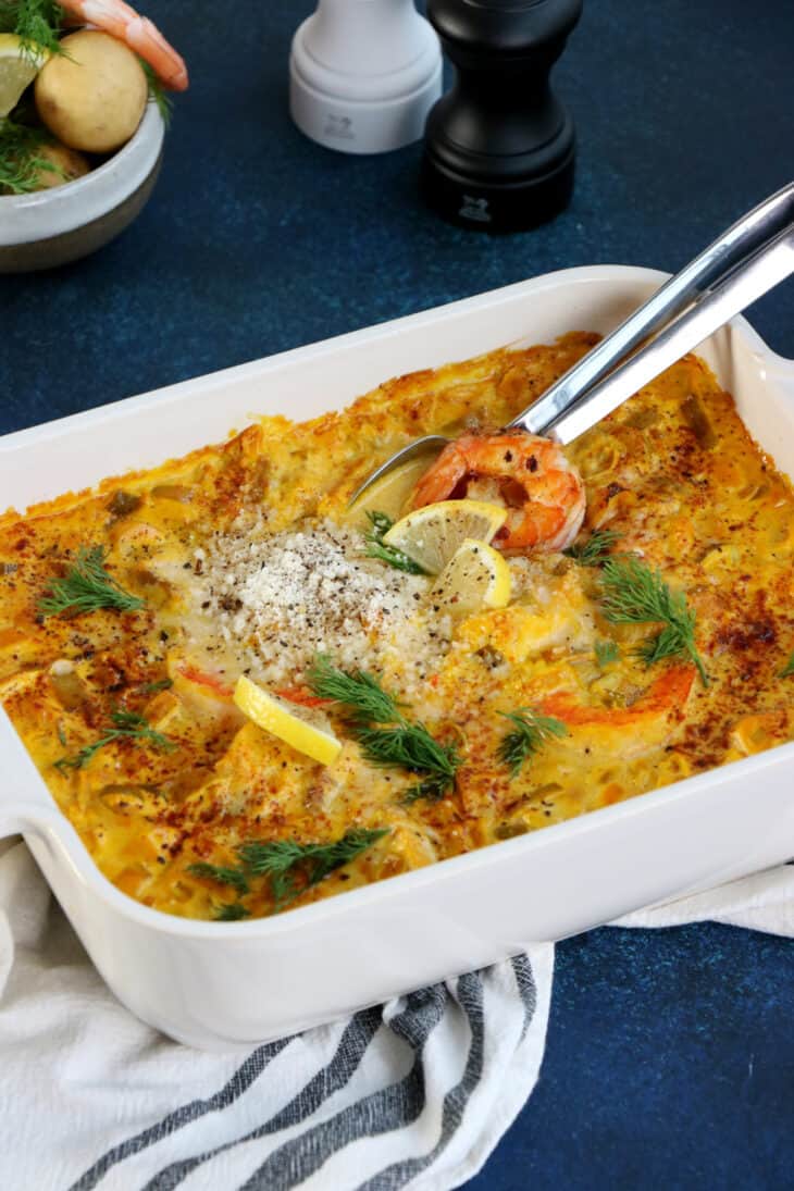 Swedish seafood casserole with saffron (Fiskgryta) is a fish stew consisting of a creamy saffron sauce with various pieces of seafood.