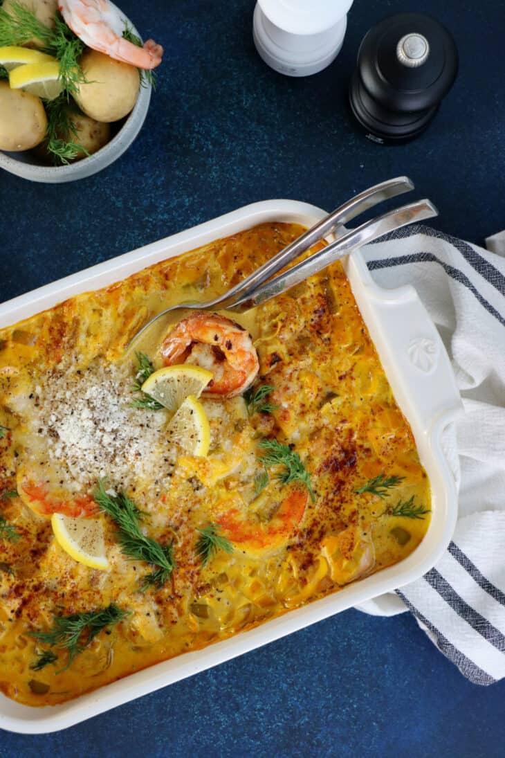 Swedish seafood casserole with saffron (Fiskgryta) is a fish stew consisting of a creamy saffron sauce with various pieces of seafood.