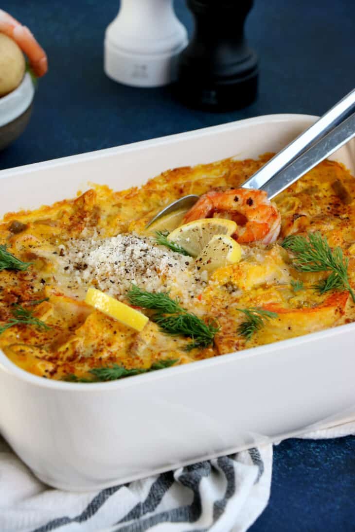 Swedish seafood casserole with saffron (Fiskgryta) is a fish stew consisting of a creamy saffron sauce with various pieces of seafood.