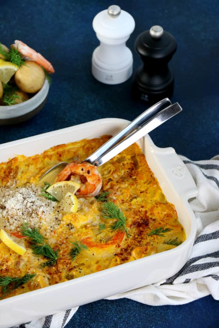 Swedish seafood casserole with saffron (Fiskgryta) is a fish stew consisting of a creamy saffron sauce with various pieces of seafood.