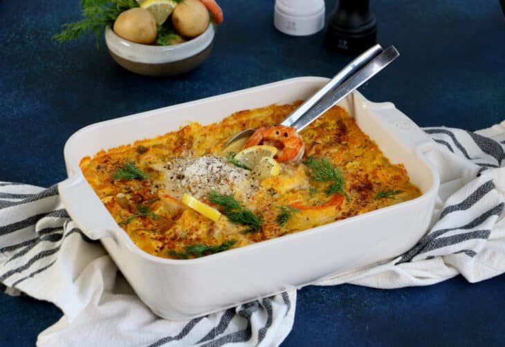 Swedish seafood casserole with saffron (Fiskgryta) is a fish stew consisting of a creamy saffron sauce with various pieces of seafood.