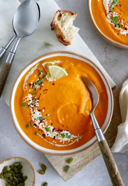 This luscious ginger carrot soup with lime is healthy, comforting, with a subtle and refreshing spicy kick.