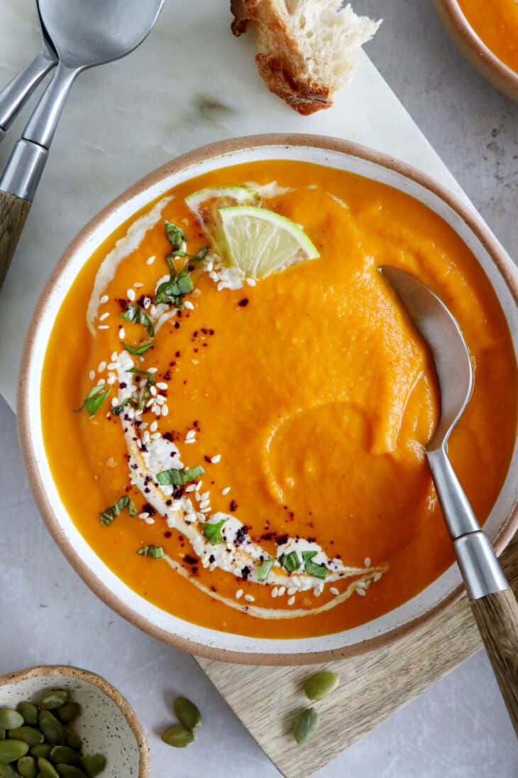 This luscious ginger carrot soup with lime is healthy, comforting, with a subtle and refreshing spicy kick.