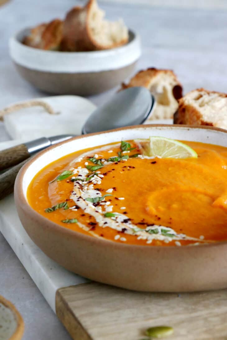 This luscious ginger carrot soup with lime is healthy, comforting, with a subtle and refreshing spicy kick.