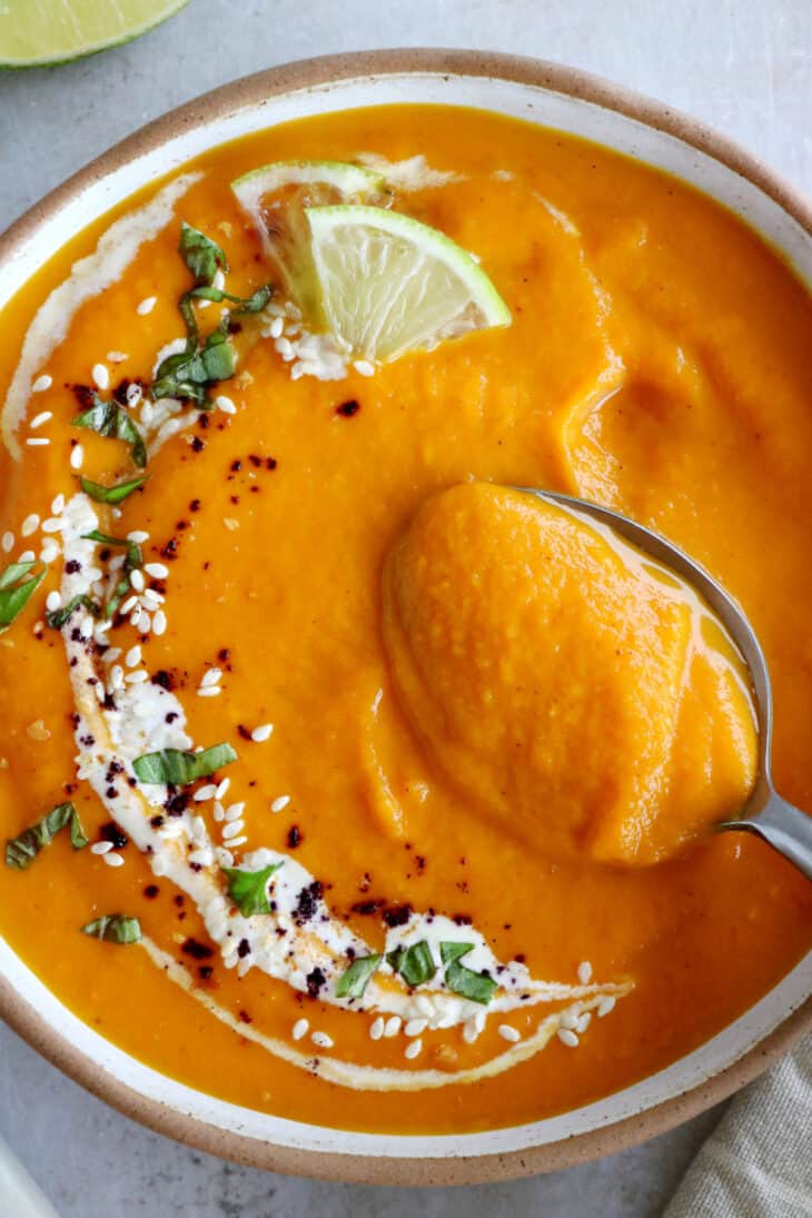 This luscious ginger carrot soup with lime is healthy, comforting, with a subtle and refreshing spicy kick.