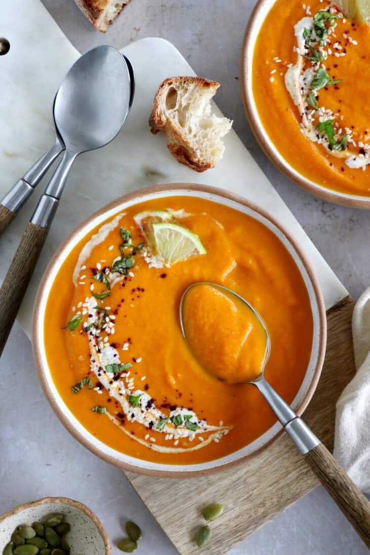 This luscious ginger carrot soup with lime is healthy, comforting, with a subtle and refreshing spicy kick.