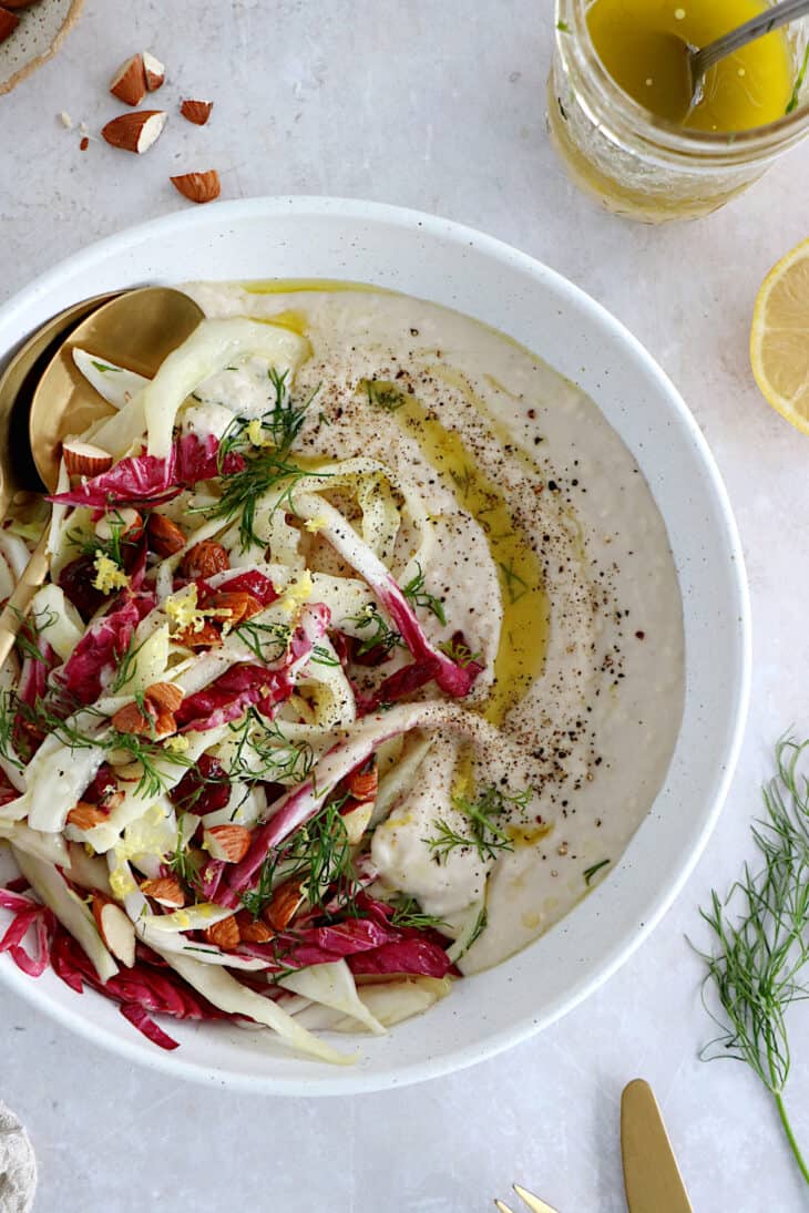 This radicchio cabbage salad with white bean hummus is a delicious winter salad, loaded with citrus flavors. Both vegan and gluten-free.